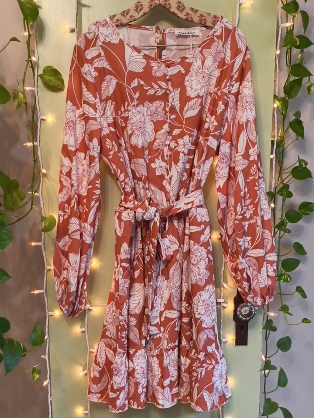 Women's Angashion NWT Floral Balloon Sleeve Tiered Cognac White Dress XL